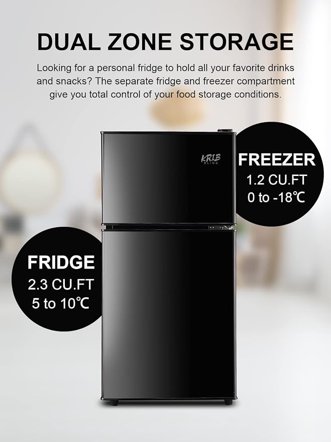Mini Fridge With Freezer,3.5 Cu. Ft Compact Refrigerator With 2 Doors,7- Level Adjustable Thermostat, Removable Glass Shelves For Bedroom, Office, Kitchen, Apartment, Dorm, Black - Image 5