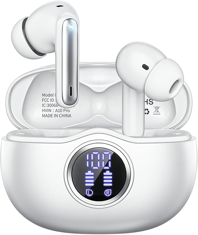 Wireless Earbuds, Bluetooth 5.3 Headphones HiFi Stereo 50H Playback LED Digital Display Ear Buds with ENC Noise Canceling Headset, IPX7 Waterproof Earphones for Gym/Running/Work（White） by Unknown