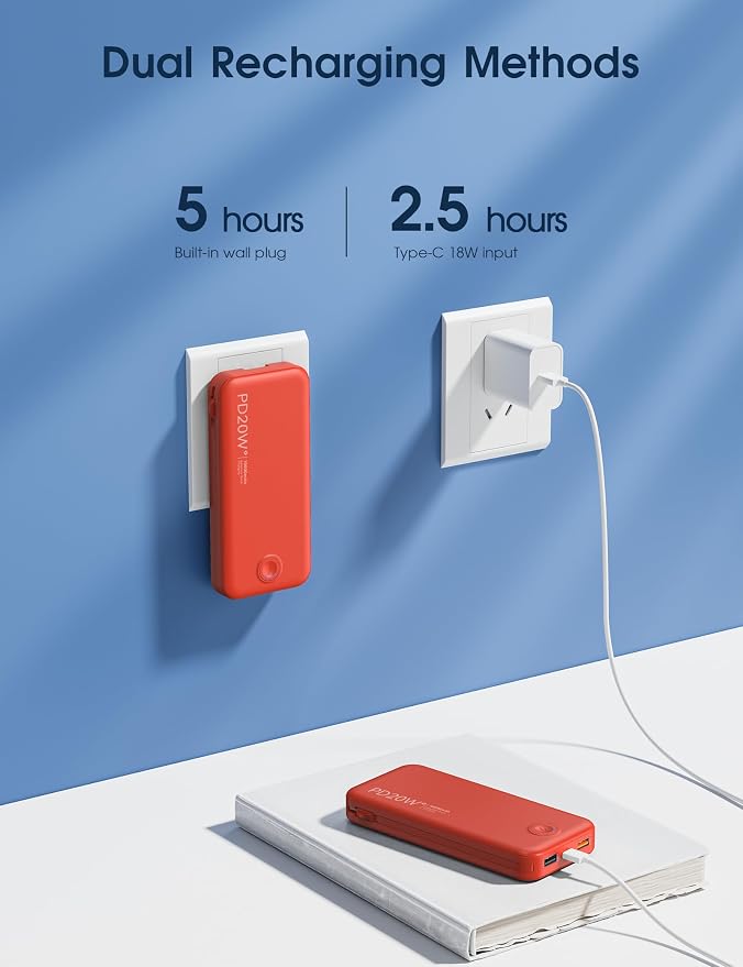 Nusyddy Portable Charger, 10000mAh PD20W Fast Charging Power Bank with Built-in Cables & Wall Plug, Travel Essentials External Battery Pack, USB C Battery Phone Charger for iPhone, iPad, Samsung Red - Image 7