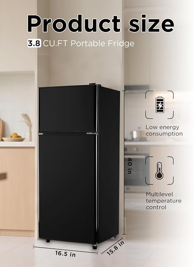 F.W.WOOLWORTHS 3.8 Cu.Ft Refrigerator with Freezer | Compact Fridge with 2 Doors for Office, Kitchen, Dorm and Bedroom, 7 Level Temp Adjustable Thermostat, Black - Image 2