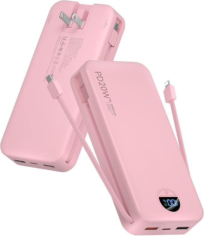 Portable Charger, 20000mAh PD20W Fast Charging Power Bank with Built-in Cables & Wall Plug, External Battery Pack with LED Display, Travel Essentials Battery Bank for iPhone, iPad, Samsung Fairy Pink by CITICR