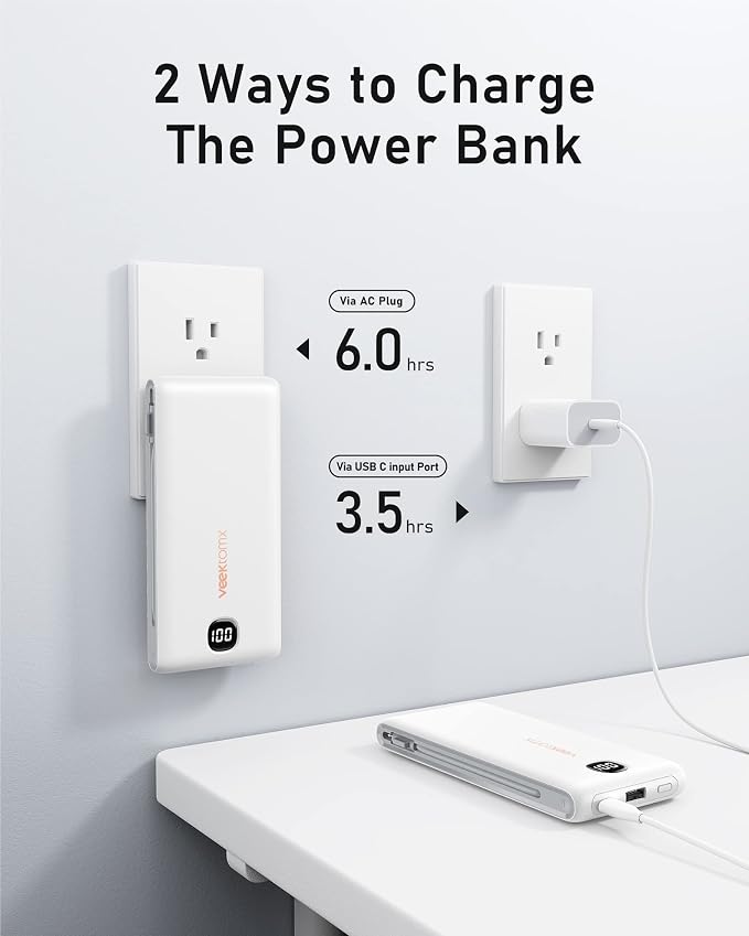 VEEKTOMX Portable Charger with Built in Cables 10000mAh, Power Bank for iPhone with AC Wall Plug, Fast Charging USB C Slim Battery Pack with LED Display Compatible with iPhone 17/16/15/14, Samsung - Image 4