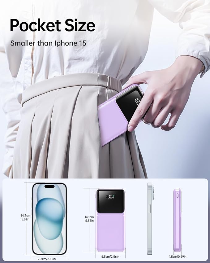 RONEGN Portable Charger with Built in Cable - Power Bank Fast Charging USB C LED Display 10000mah Battery Pack 5 Outputs & 3 Inputs for Travel Essentials iPhone Samsung Android Phones Tablets Purple - Image 4