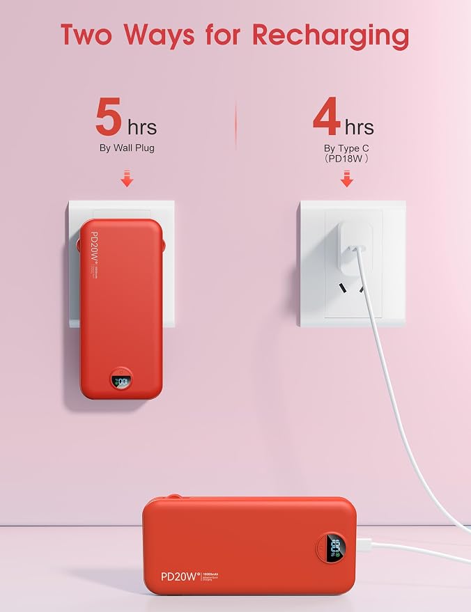 citicr Portable Charger Power Bank, 10000mAh PD20W USB C Fast Charging with Built-in Cables & Wall Plug, 5-in-1 Battery Pack with LED Display, Ultimate Travel Essential for iPhone, iPad, Samsung Red - Image 8