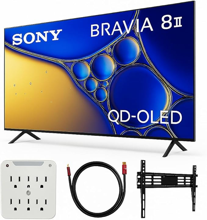 Sony K55XR80M2 BRAVIA 8 II 55 Inch Class QD‑OLED 4K HDR Smart Google TV (2025) Bundle with Deco 3770 Wall Mount Bundle, 2X HDMI Cables, Stanley 6‑Outlet Surge Protector by Unknown
