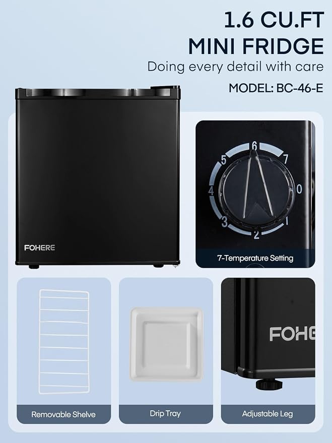 FOHERE Mini Fridge with Freezer, 1.6 Cu.ft Compact Small Drinks Refrigerator for Bedroom Single Door, Energy Saving 7-Level Adjustable Thermostat Dorm Fridge, for Apartment, Black - Image 6