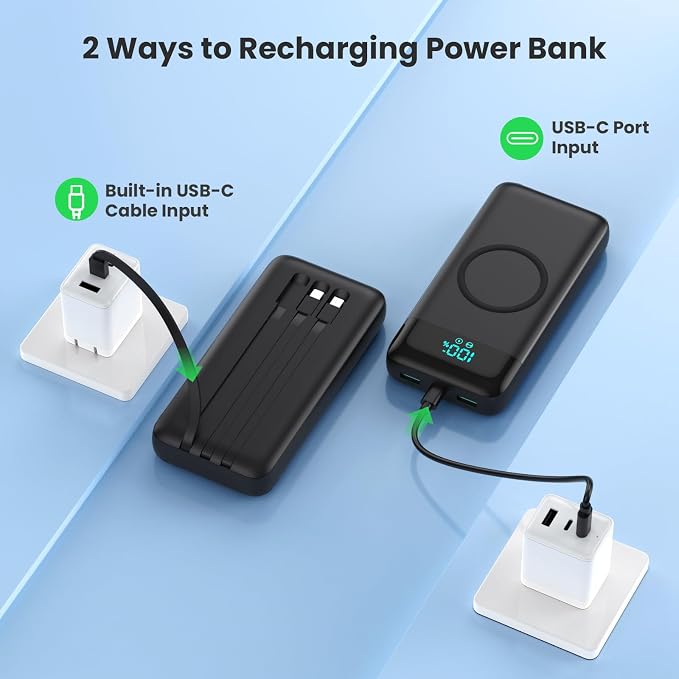 Wireless Portable Charger 40800mAh with 3 Built-in Cables,7-in-1 15W Wireless Charging Power Bank,25W PD QC 4.0 Fast Charging USB C Travel Essentials Battery Pack for iPhone 17/16/15/14,Galaxy,Android - Image 4