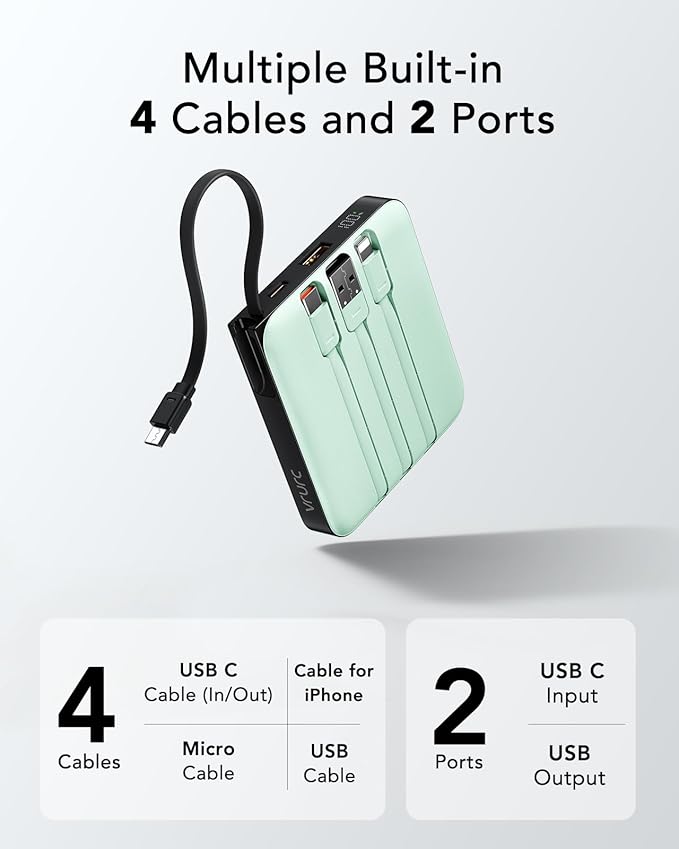 VRURC Portable Charger with Built-in Cable, 10000mAh 22.5W Fast Charging USB C Battery Pack, Cell Phone Power Bank for iPhone 17 16 15 Series Android Tablet (Green) - Image 5