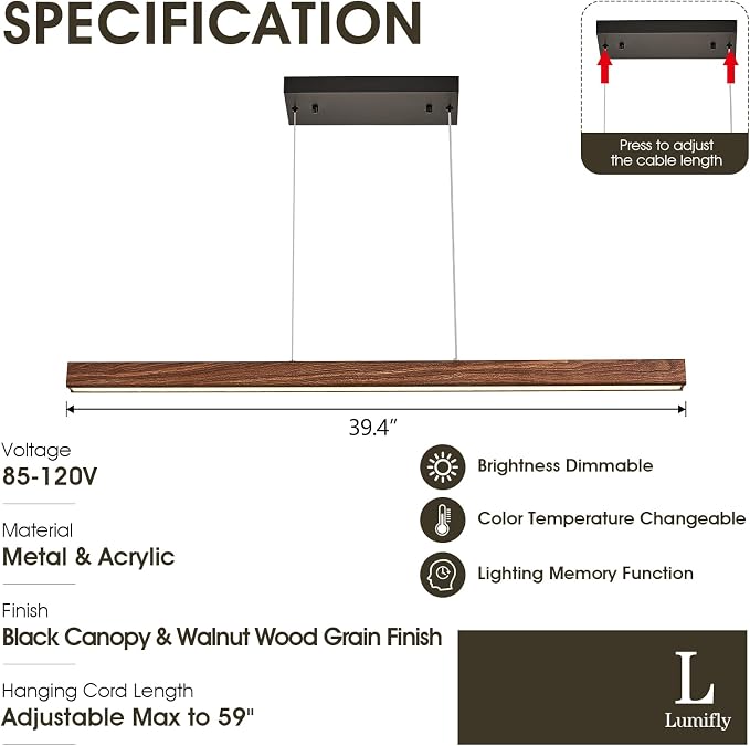 Linear Pendant Light 39 Inches Wood Grin Finish Island Light Modern LED Hanging - Image 6