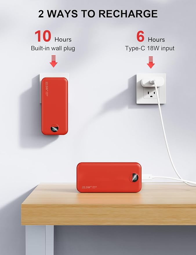 Portable Charger, 20000mAh 22.5W Fast Charging Power Bank with Built-in Cables & Wall Plug, USB C External Battery Pack with LED Display, Travel Essentials Phone Charger for iPhone iPad Samsung Red - Image 7