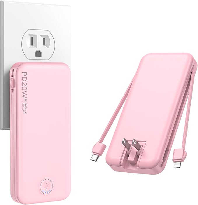 Nusyddy Portable Charger, 10000mAh PD20W Fast Charging Power Bank with Built-in Cables & Wall Plug, Travel Essentials External Battery Pack, USB C Battery Phone Charger for iPhone, iPad, Samsung Pink by NUSYDDY