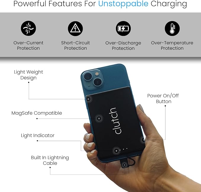 Clutch Pro – World's Thinnest iPhone Charger – Portable Power Bank 5000mAh – Magnetic Built-in Lightning Cable – TSA Approved Travel Charger – iPhone 14 & Earlier – Black - Image 4