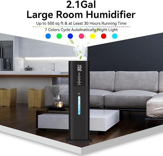 Humidifiers Large Room Bedroom with 7 Colors Light, 2.1Gal(8L) 3 Speed Quiet Ultrasonic Cool Mist Humidifier with 360° Nozzle, Humidity Setting, Timer,Aroma Box for Home Plant Baby Yoga Sleep (Black) - Image 2