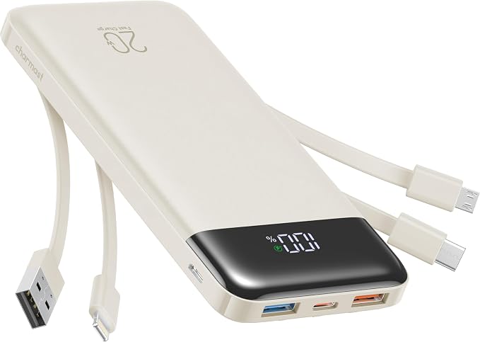 charmast 20000mAh Portable Charger with Built in Cables, 22.5W Travel Power Bank Fast Charging, USB C Cell Phone Battery Pack for iPhone 16/15/14/13/12/11 Series, iPad, Samsung, Android, Tablet by Charmast