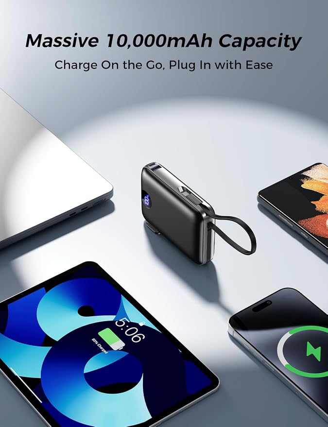 Portable Charger with Built-in Cables & Wall Plug, 10000mAh Power Bank, 4 Outputs 22.5W USB C Fast Charging, Slim Travel Battery Pack with LED Display for iPhone 17/16/15/14, Black - Image 4