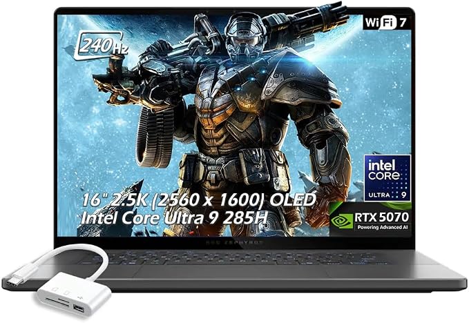 ASUS ROG Zephyrus G16 16" 2.5K OLED 240Hz Gaming Laptop, Intel Core Ultra 9 285H, RTX5070, 16GB LPDDR5X 2TB SSD, Wi-Fi7, Backlit KB, Win11, Thunderbolt4, Eclipse Gray, w/USB Hub, W/GaLiMu by Unknown