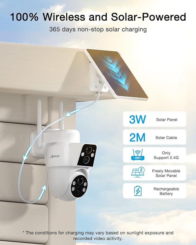 ANRAN Dual-Lens Solar Security Camera, 3MP Wireless Outdoor Camera - Image 4