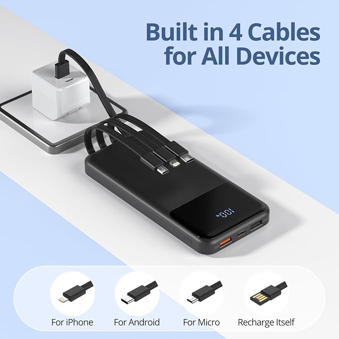 Portable Charger with Built in Cables, Power Bank with Cords Wires, Slim 10000mAh Travel Battery Pack 6 Outputs 3 Inputs 3A Fast Charging for Samsung Google Pixel LG Moto iPhone iPad, 1 Pack - Image 2