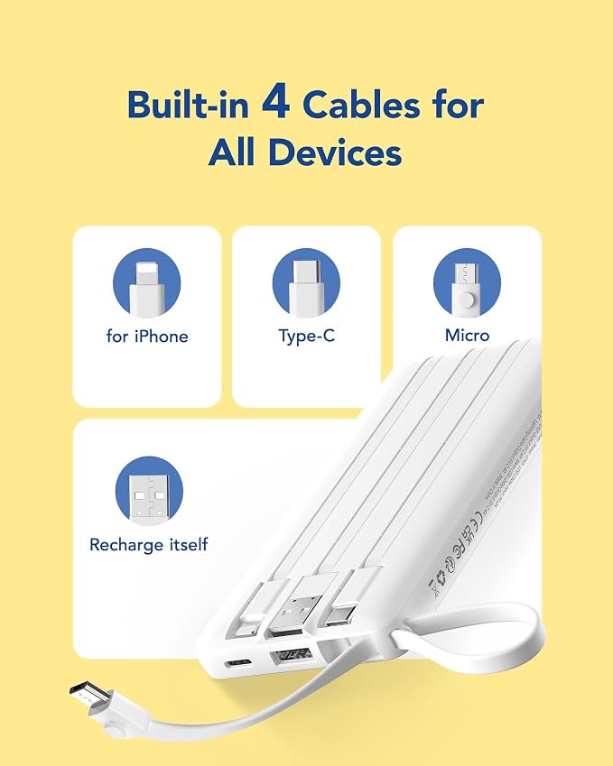 VRURC Portable Charger, Built-in Cables Power Bank 10000mAh, LED Display Slim USB C Battery Pack with 5 Output 2 Input for iPhone, Samsung, Android etc-White(1 Pack) - Image 3