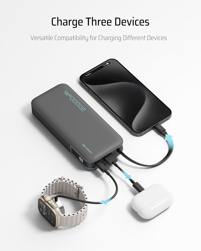 CUKTECH 45W Power Bank 20000mAh, Portable Travel Charger Built-in USB C Cable, Fast Charging Battery Pack for iPhone 16/15/14/13, iPad, Samsung Galaxy, Google Pixel, Android and More (Gray) - Image 9