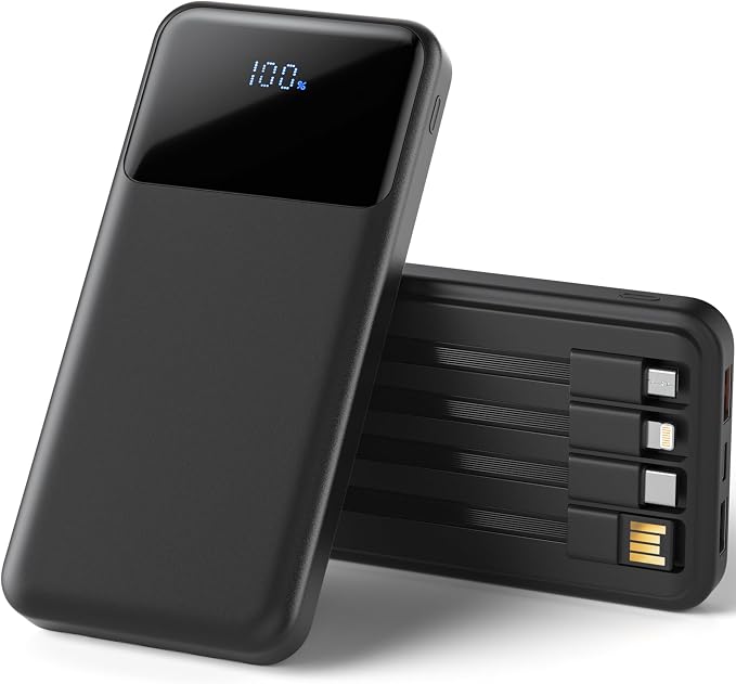 Portable Charger with Built in Cables, Power Bank with Cords Wires, Slim 10000mAh Travel Battery Pack 6 Outputs 3 Inputs 3A Fast Charging for Samsung Google Pixel LG Moto iPhone iPad, 1 Pack by Unknown