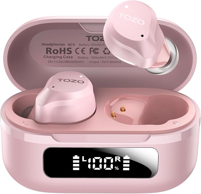 TOZO NC9 Hybrid Active Noise Cancelling Wireless Earbuds, 60H, LED Display | 6 Mic ENC Clear Calls, Deep Bass Sound, IPX8, in Ear Bluetooth 5.3 Headphones,32 EQs via APP, Comfort Fit Ear Buds, Pink by TOZO