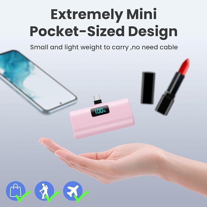 Mini Portable Charger USB C Power Bank,Upgraded 5500mAh PD Fast Charging Battery Pack Built-in USB-C Connector Travel Essential for iPhone17/17Pro/17Pro Max/Air/16 Plus/16Pro Max/15 Series -Pink - Image 3
