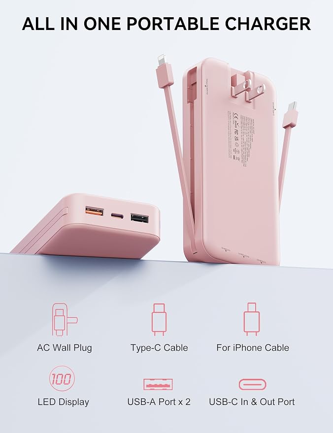 Portable Charger, 20000mAh 22.5W Fast Charging Power Bank with Built-in Cables & Wall Plug, USB C External Battery Pack with LED Display, Travel Essentials Phone Charger for iPhone iPad Samsung Pink - Image 3
