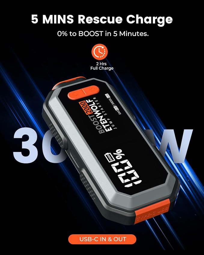 Car Battery Jump Starter Portable, 2000A Peak Jump Box- 12V Car Jump Starter for up to 8.0L Gas and 6.5L Diesel Engines, USB-C Portable Battery Jumper with Jumper Cable, Power Bank, LED Light - Image 3