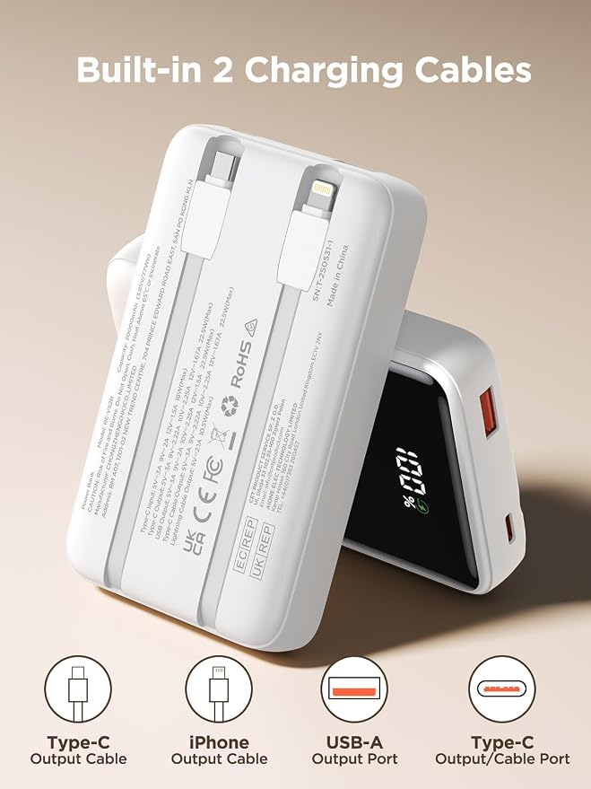 Aioneus 20000mAh Portable Charger, Power Bank with Built in Cables USB C 22.5W Fast Charging Battery Pack for iPhone 16 15 14 13 12 11 Pro Max, Samsung Galaxy S25 S24 S23 Android Phones (1Pack) - Image 7