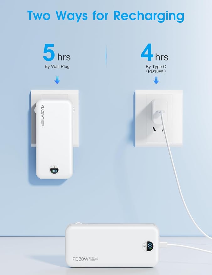 Portable Phone Charger, 10000mAh PD20W Fast Charging Power Bank with Built-in Cables & Wall Plug, External Battery Bank with LED Display, Travel Essential Battery Pack for iPhone, iPad, Samsung White - Image 8