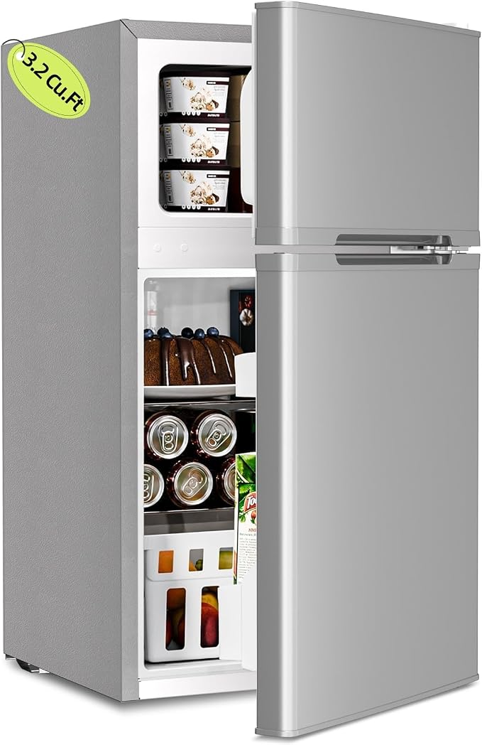 Kismile 3.2 Cu.Ft Mini Fridge with Freezer, 2 Door Dorm Refrigerator Grey | Adjustable Thermostat, Removable Shelves, Food & Beverage Storage, Dorm Mini Fridge for Bedroom/ Office/ College/ Apartment by Kismile