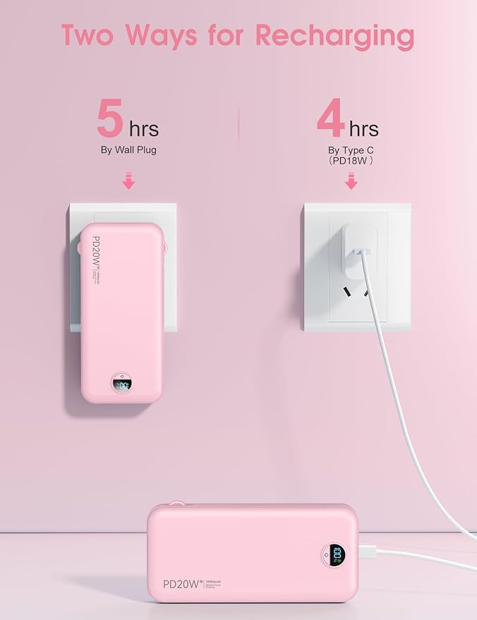 Portable Charger, 10000mAh PD20W Fast Charging Power Bank with Built-in Cables & Wall Plug, External Battery Pack with LED Display, Travel Essentials Battery Bank for iPhone, iPad, Samsung Fairy Pink - Image 8