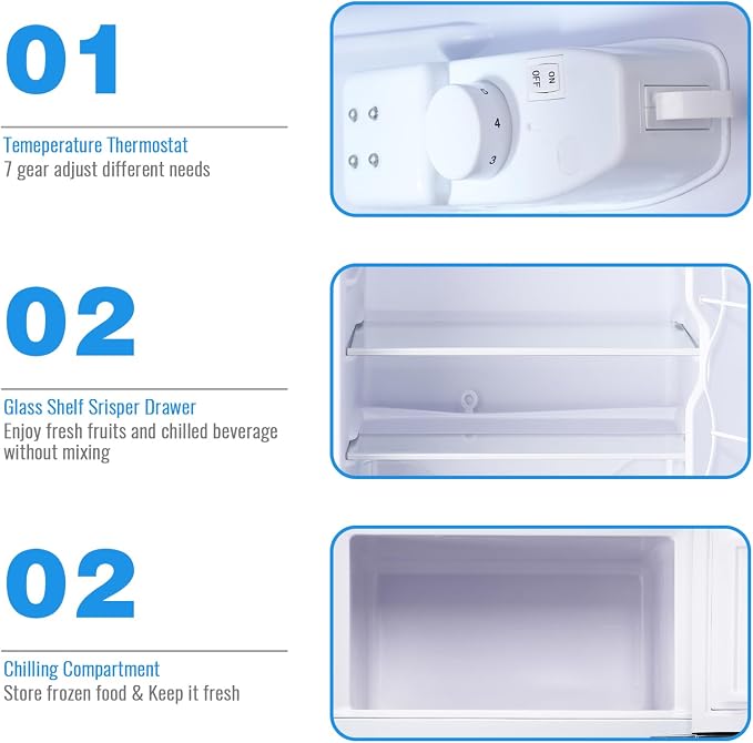 3.5 Cu.Ft Retro Mini Fridge with Handle Compact Refrigerator Blue | Dual Door Refrigerator with Freezer 7 Gears Temperature Control Ideal for Bedroom Dorm Office - Image 5