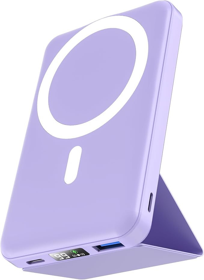podoru for Magsafe Battery Pack, Foldable 10000mAh Magnetic Power Bank with USB-C Cable LED Display 22.5W PD Fast Charging Wireless Portable Charger for iPhone 17/16/15/14/13/12 Series-Light Purple by PodoruPowerBank