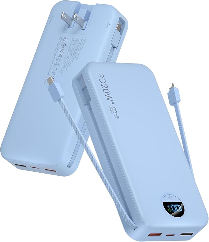 citicr Portable Charger Power Bank, 20000mAh PD20W USB C Fast Charging with Built-in Cables & Wall Plug, External Battery Pack with LED Display, Travel Essentials for iPhone, iPad, Samsung Blue by CITICR