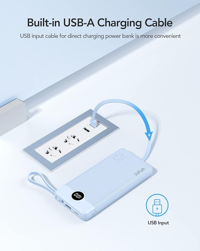 VRURC 10000mAh Power Bank Built-in Cables, Portable Charger with LED Display, Slim Travel Battery Pack with Cords, 5 Output Dual Input Phone Charger for Cell Phone Smart Devcies-Blue(1 Pack) - Image 3