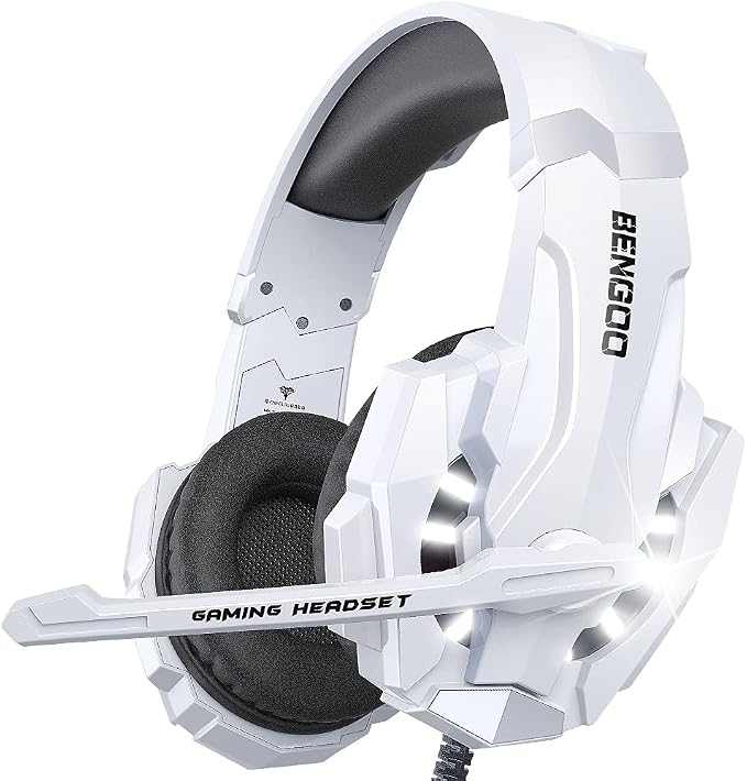 BENGOO Pro Gaming Headset for PS4 PS5 PC Xbox One Controller, Noise Cancelling Over Ear Headphones with Mic, LED Light, Bass Surround, Soft Memory Earmuffs for Laptop Mac - White by BENGOO