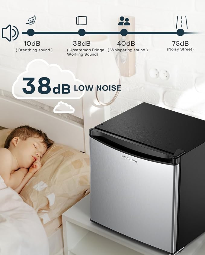 Upstreman 1.7 Cu.ft Mini Fridge with Freezer, Stainless Steel-FR17 | Dorm Essentials, Adjustable Thermostat, Energy Saving, Low Noise, Compact Refrigerator for Dorm, Office, Bedroom - Image 5
