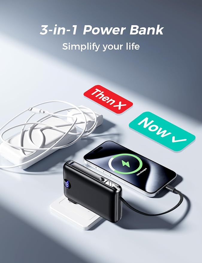 Power Bank, 50000 mAh Portable Charger with Built in Cable & Wall Plug, 22.5W Fast Charging, Travel Essential Battery Pack with LED Display for iPhone 17/16/15/14 Series, Galaxy, iPad Black - Image 2