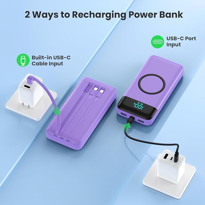 Wireless Portable Charger 40800mAh for iPhone with 3 Built-in Cables,7-in-1 15W Wireless Charging USB C Power Bank,25W PD Fast Charging Travel Essential Battery Pack for iPhone 17/16/15,Android-Purple - Image 4