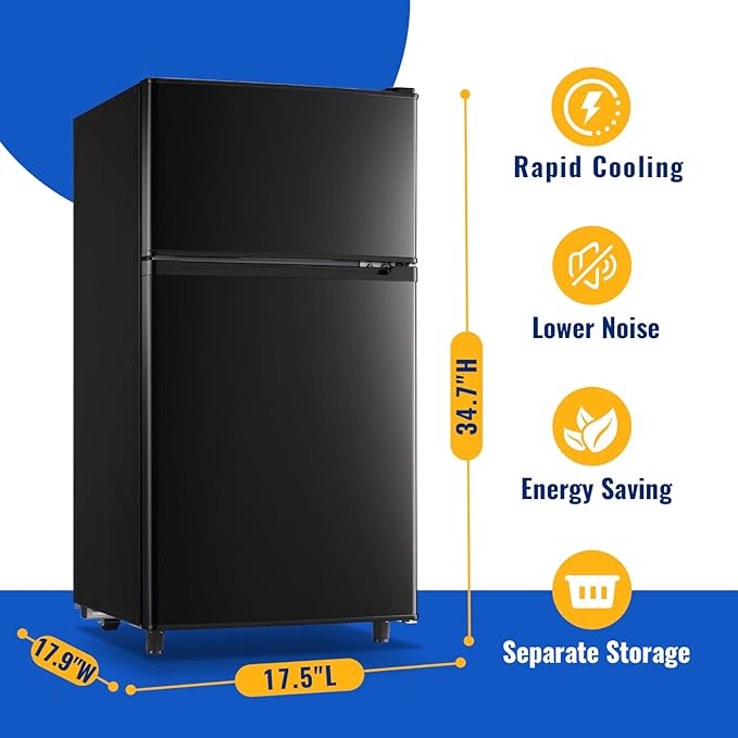 3.5 Cu.Ft Black Mini Fridge With Freezer Compact Refrigerator Dorm | Freestanding Fridge with 7 Level Adjustable Thermostat, Removable Shelves, Fast Cooling, Low Consumption - Image 3