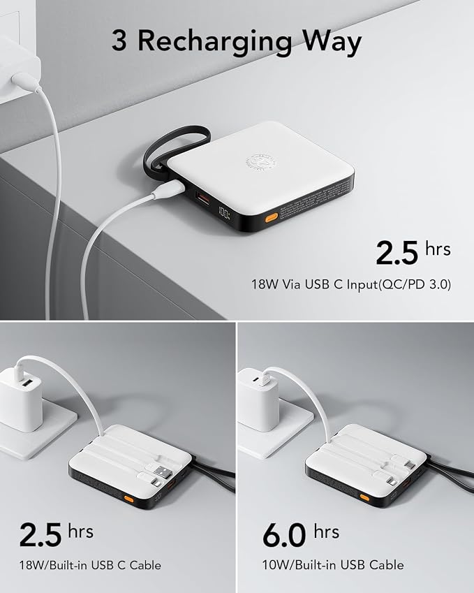 VRURC Battery Pack Charger Portable 10000mAh, 22.5W Power Bank Fast Charging with Built-in Cable, Cell Phone Power Bank for iPhone 17 16 15 & Early Series (White) - Image 7