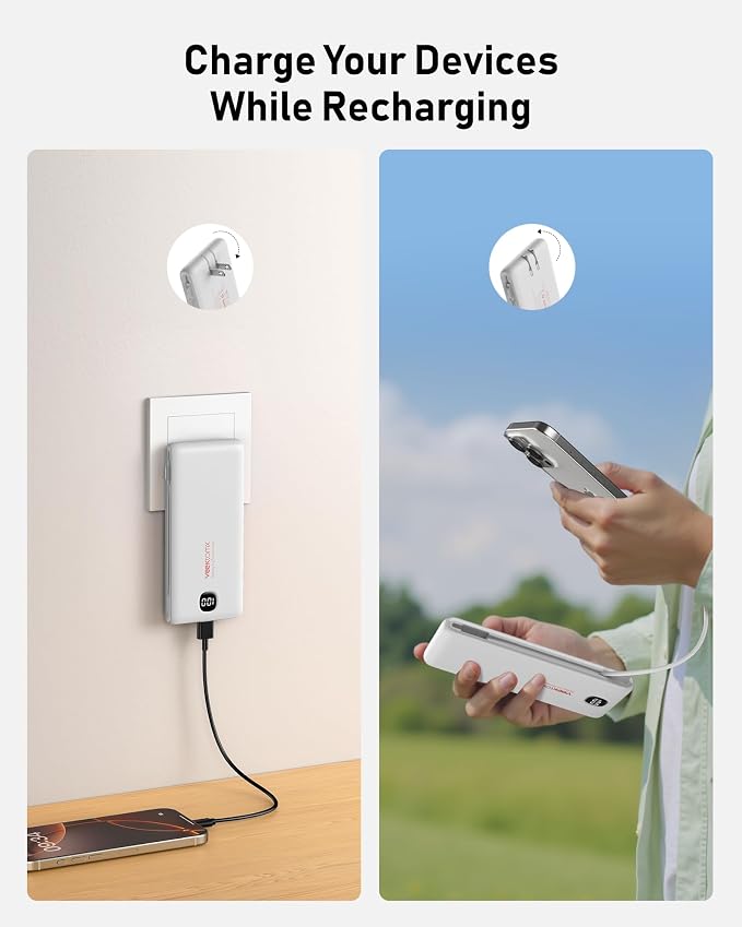 Portable Charger Power Bank Built in Cables and Wall Plug, 10000mAh iPhone Battery Pack Fast Charging, USB C External Slim Power Bank, Travel Essentials Compatible with iPhone 17 16 15 14 iPad, White - Image 5