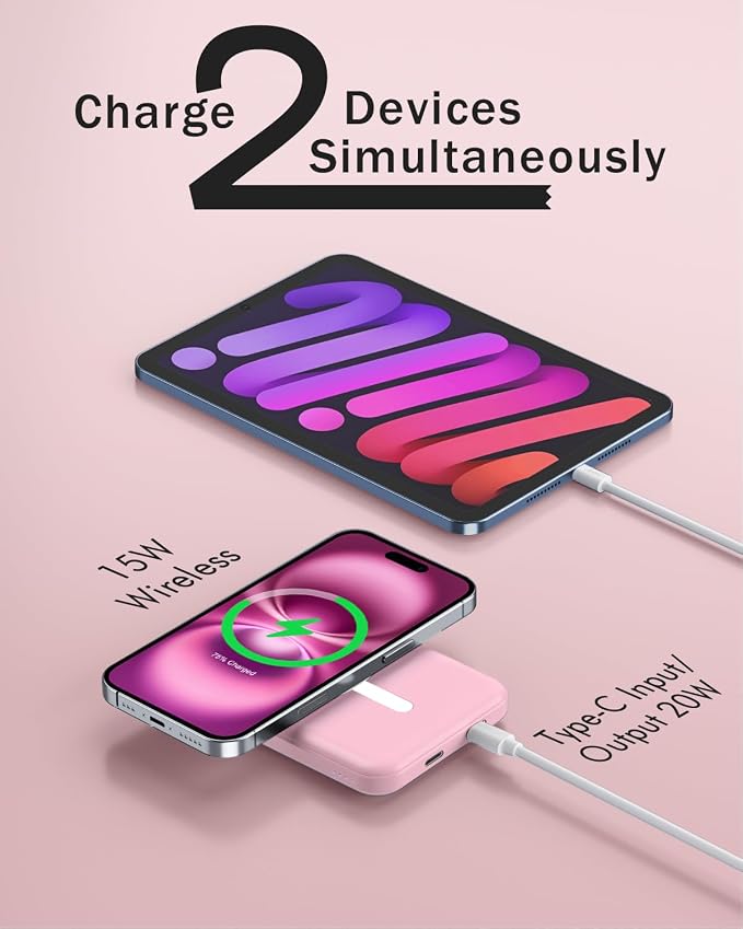 podoru for Magsafe Battery Pack, 5000mAh Magnetic Power Bank with Type-C Cable 20W PD Fast Charging Lighting Input Wireless Portable Charger for iPhone 17/16/15/14/13/12/ All Series-Pink - Image 5