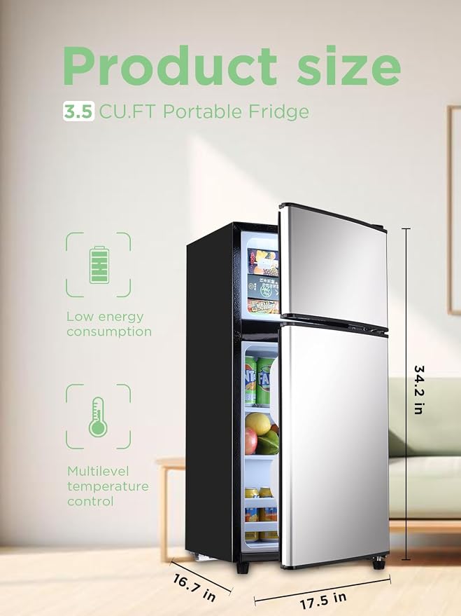 F.W.WOOLWORTHS 3.5 Cu.Ft Refrigerator with Freezer | Compact Fridge with 2 Doors for Office, Kitchen, Dorm and Bedroom, 7 Level Temp Adjustable Thermostat, Silver - Image 2