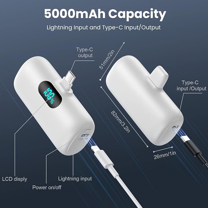 Feob Mini Portable Charger 5000mAh Power Bank,15W PD USB C Cell Phone Portable Power,LCD Display Battery Pack Compatible with iPhone 17/Air/17 Pro/17Pro Max/16/15 Android/Samsung/Moto(Type-C Only) - Image 7