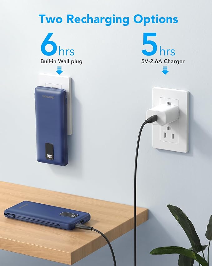 charmast Portable Charger with Built-in Cables and Plug, 10000mAh USB C Power Bank Fast Charging, External Battery Pack Slim, Travel Essentials Compatible with iPhones, Samsung Galaxy, iPad - Image 4