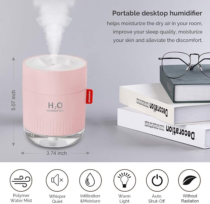 Portable Mini Cool Mist Humidifier, 500ml USB Personal Desktop Humidifier for Baby Bedroom, Travel, Office, Home - Auto Shut-Off, 2 Mist Modes, Super Quiet (Pink) - Image 2
