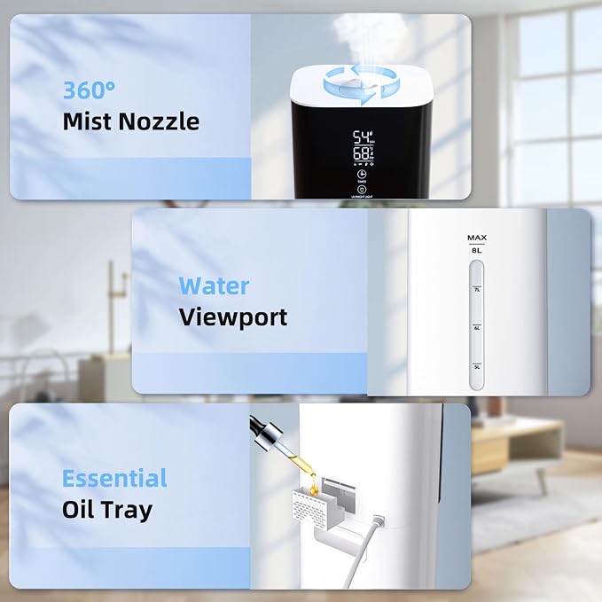 2.11Gal Ultrasonic Cool Mist Humidifier with Timer and Humidistat for Large Rooms - Home, Bedroom, Baby, Adults, Plants - Image 4